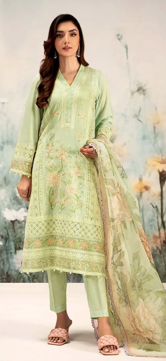 Luxury Lawn 3-Piece Unstitched Suit with Heavy Embroidered Front & Ready-to-Wear Monark Dupatta