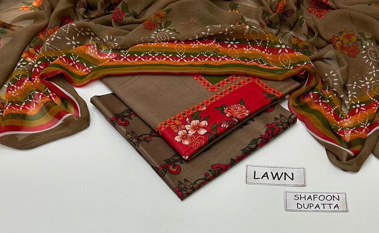 3PC Lawn Suit 90/70 allover with Digital Chiffon Dupatta