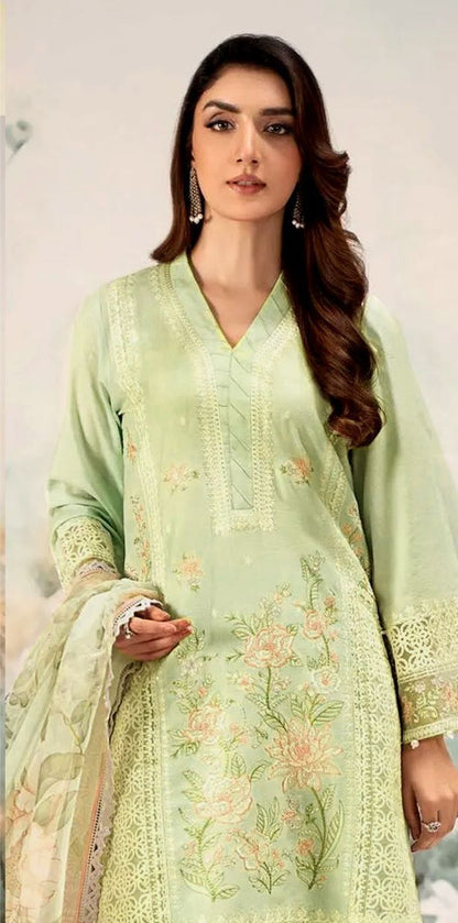 Luxury Lawn 3-Piece Unstitched Suit with Heavy Embroidered Front & Ready-to-Wear Monark Dupatta