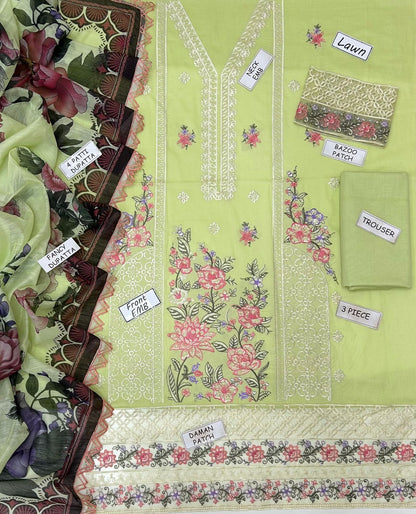 Luxury Lawn 3-Piece Unstitched Suit with Heavy Embroidered Front & Ready-to-Wear Monark Dupatta