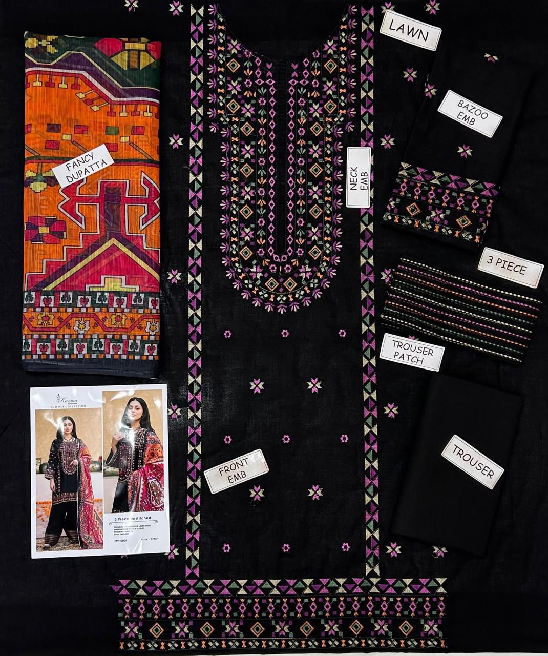 Luxury Lawn 3-Piece Unstitched Suit with Heavy Embroidery & Digital Printed Monark Dupatta