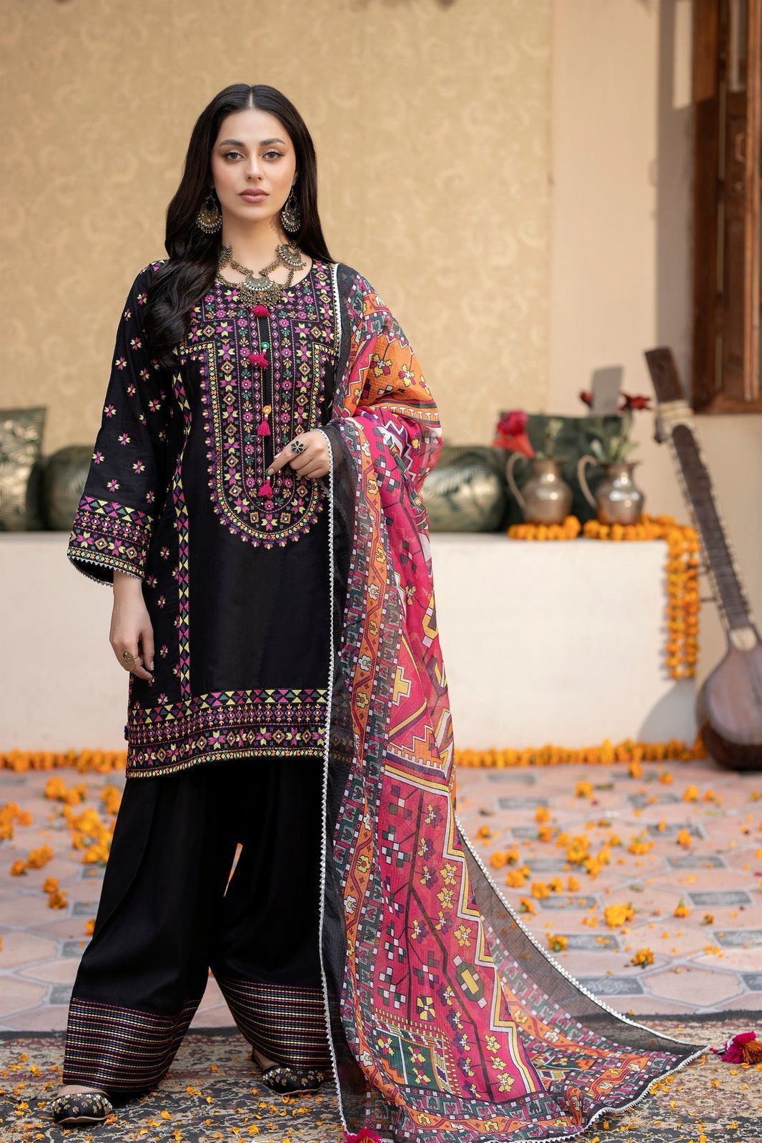 Luxury Lawn 3-Piece Unstitched Suit with Heavy Embroidery & Digital Printed Monark Dupatta