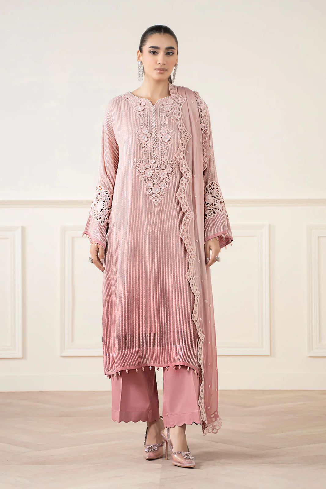 Heavy Embroidered Tie-Dye Chiffon Dress with 3D Flowers, Embroidered Sleeves & Dupatta