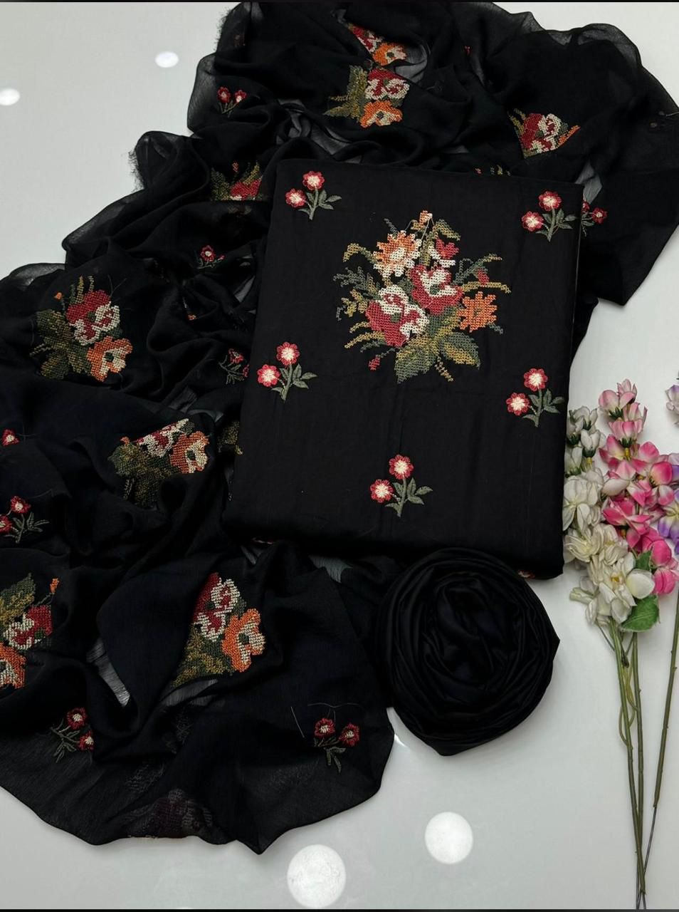✨ Elegant Cross Stitch Embroidered 3 Piece Suit – Premium Quality